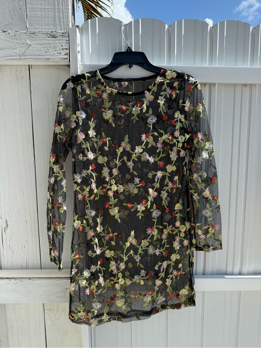 Black Sheer Floral Embroidered Long-Sleeve Dress